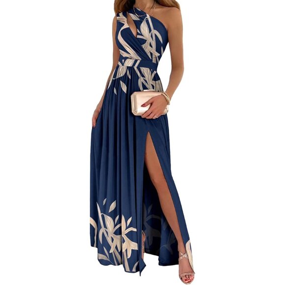 Women's Polyester One Shoulder Pleated Maxi Dress Floral High Slit Formal